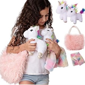 Unicorn Gift, 4 Pcs Set. Baby and Mommy Unicorn Toy, XL Furry Bag and Blanket.